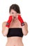 Sport young woman, gloves, fitness girl over white