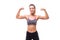 Sport young woman with perfect body showing biceps, fitness girl over white background