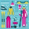 Sporting gear set. Ski equipment and skier woman flat design icon