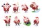 Sporting santa. Cute modern santa character, happy fitness christmas, healthy winter holiday, in gym with dumbbells