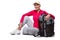 Sportive Active Senior Woman with Nordic Trekking Backpack. Posing Against Pure White