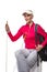 Sportive Active Senior Woman with Nordic Walking Sticks and Backpack. Posing Against Pure White