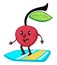 Sportive cherry berry surfing on board, summer sports