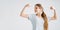 sportive kids fitness banner girl showing biceps
