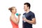 Sportive man and woman with dumbbell and water