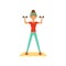 Sportive young woman character exercising with dumbbells, girl working out in the fitness club or gym colorful vector