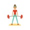 Sportive young woman character lifting barbell, girl working out in the fitness club or gym colorful vector Illustration