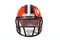 Sports and athletic training concept with front view of a red or orange american football helmet with black and grey stripe along