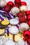 Sports award and Christmas toys, medal and red Christmas balls, winter competitions, new year`s holiday