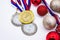 Sports award and Christmas toys, medal and red Christmas balls, winter competitions, new year`s holiday