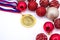 Sports award and Christmas toys, medal and red Christmas balls, winter competitions, new year`s holiday
