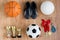 Sports balls, boots, cups, whistle and medals