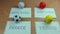 Sports balls with texts on paper