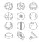 Sports balls vector thin line icons. Basketball, soccer, tennis, football, baseball, bowling, golf, volleyball