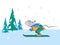 Sports banner. Mouse skier, snowy spruce.