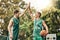 Sports, basketball and high five at a basketball court with men hands connected in support of fitness mission. Team