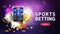 Sports betting, purple banner with smartphone, champion cups, falling gold coins, sport balls and button