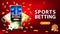 Sports betting, red banner with smartphone, champion cups, falling gold coins, sport balls and button