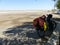 Sports bike loads in the desert in Uzbekistan.