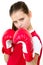 Sports boxer teenage girl, in the studio for white background.