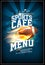 Sports cafe menu card with rugby ball in a fiery flame