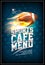 Sports cafe menu design concept with fiery leather rugby ball