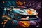 Sports car colorful colorburst abstract background acryl painting. AI generated