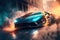 Sports car drifting in city, luxury racing car in smoke and fire from burning tires, generative AI