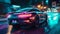 Sports Car On Neon Highway. Powerful acceleration of a supercar on a night track with colorful lights and trails,