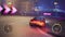 Sports car on roadway in night city. 3D racing simulator