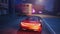 Sports car on roadway in night city. 3D racing simulator