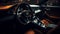 a sports car\\\'s interior as it speeds along a race track, with the steering wheel and dashboard in focus, Generative AI