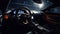 Sports car\\\'s interior as it speeds along a race track, with the steering wheel and dashboard in focus, Generative AI