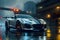 sports car and the wet street generates an atmosphere of dynamic elegance in the scene