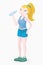 Sports character in the form of a blond girl in a blue T-shirt and mini shorts