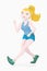 Sports character in the form of a blond girl in a blue T-shirt and mini shorts