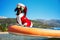 Sports dachshund dog in sunglasses and christmas santa costume and hat is using stiffest durable SUP board in sea for