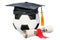 Sports education concept. Soccer ball with graduation cap and di