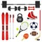 Sports Equipment. A large set of sports equipment. Dumbbell, barbell, tennis racket, soccer ball, skis, skates.