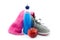 Sports equipment such as sneakers, energy drank, towel and apple