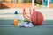 Sports equipment for sufficient quality training and fun. Sports outdoor playground. Game lifestyle. Towel, basketball, jump rope