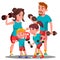 Sports Family, Parents And Children Doing Sports Outdoor Vector. Isolated Illustration