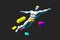 Sports figure of a man in motion with multi-colored pixel figures on a black background, voxer graphics. Generative ai