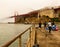 Sports fishermen in the bay area of San Francisco on a cloudy foggy day