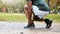 Sports, fitness runner or ankle pain on black man from exercise, training or wellness accident in park, street or nature