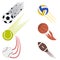 Sports flying balls set with speed motion trails. Graphic design for athletic logo with soccer, basketball, volleyball, baseball.