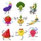 Sports fruit characters. Set of Cute healthy vegetables and funny face berries. Happy food strawberry eggplant banana