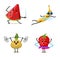 Sports fruit characters. Set of Cute healthy vegetables and funny fberries workout doing exercises. Happy food