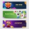Sports gambling banners with lottery machine, fortune wheel golden coins money vector set
