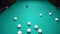 A sports game of billiards, pool or snooker on a billiard table with a green cloth.Hitting billiard balls with a cue. Cue kick.Par